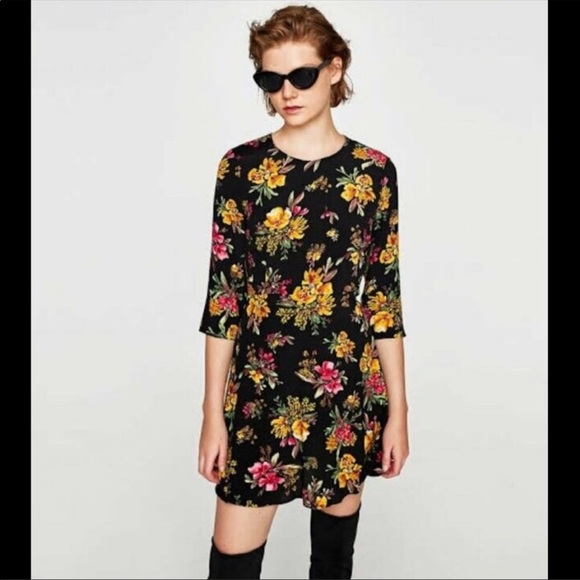 Zara Basic Collection Black Mini Dress w/ Florals - Picture 1 of 9
